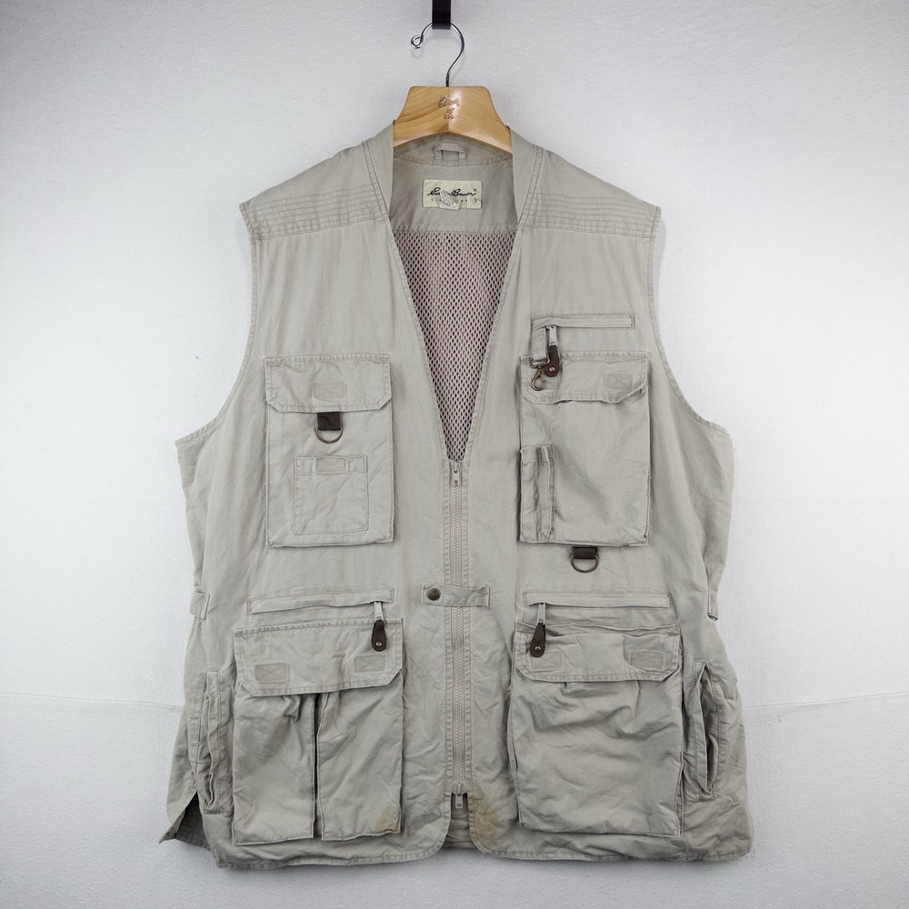 90's Vtg Eddie Bauer Vest Men's 2XLT Beige Fishing Jacket Hunting Cargo *Read